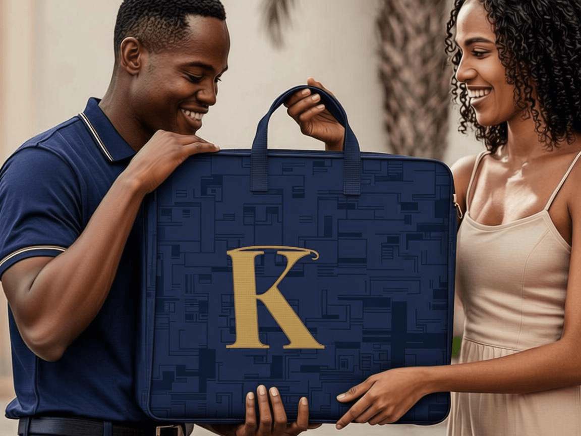 A Kozy rider handing a freshly cleaned laundry bag back to a customer at her doorstep